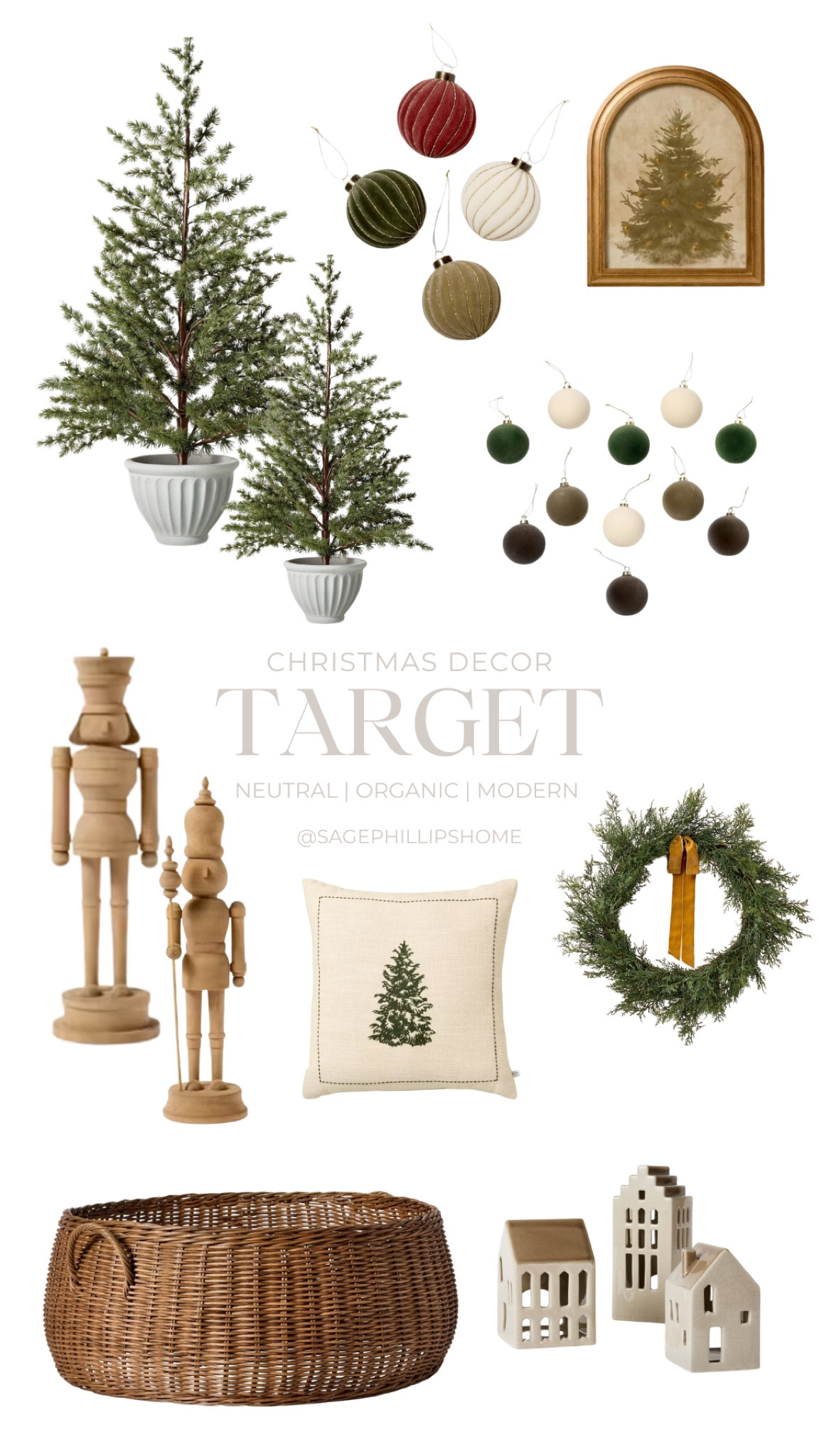 Getting prepped for the holiday season, and if we had Target in Canada, this is what I’d be shopping! 🎄 Everything is giving off those cozy, neutral vibes I love, with a little modern touch to keep things fresh. From the cutest little wooden nutcrackers to velvet ornaments and festive greenery, these are must-haves for a warm holiday space. 

What I’m loving:

	•	Faux Christmas Trees in those pretty ceramic pots
	•	Soft velvet ornaments in the dreamiest colors
	•	Adorable wooden nutcrackers (how cute are they?!)
	•	Woven rattan tree basket
	•	Cozy tree pillow to top off your couch
	•	Beautiful ceramic houses for a touch of charm
	•	That lush green wreath with the velvet ribbon 😍

#LTKcanada #LTKstyletip #LTKautumn