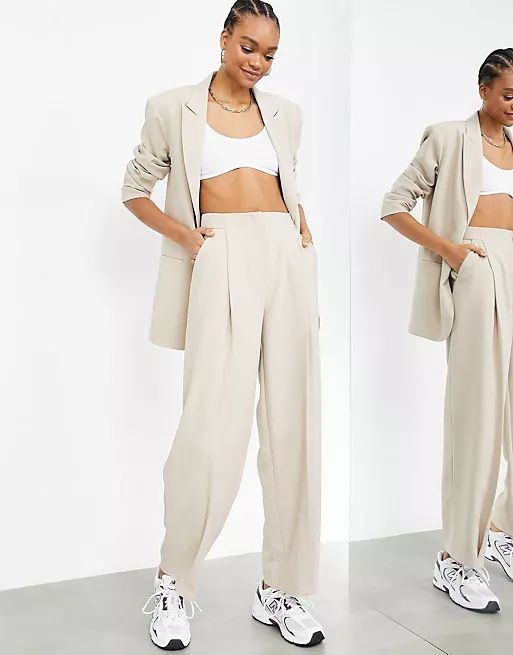 ASOS EDITION pleated wide leg pants in stone | ASOS (Global)