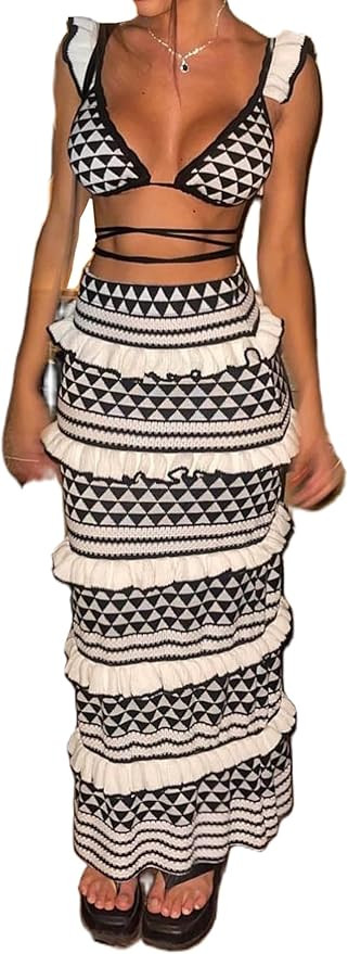 Crochet Knit 2 Piece Skirt Set for Women Ruffle Knit Top Striped Bodycon Long Skirt Beach Cover U... | Amazon (US)