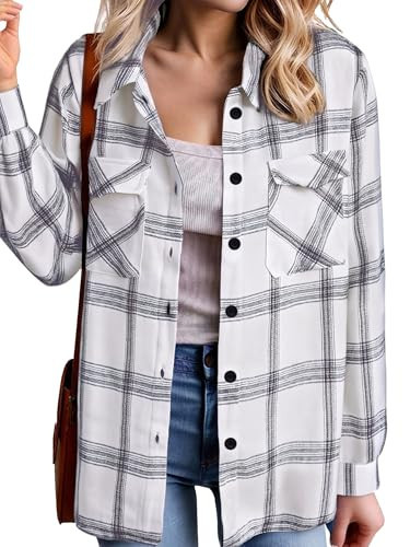 Zeagoo Flannel Shirt Women Button Down Long Sleeve Cotton Blend Tops Collared Neck Plaid Casual Work Shackets White S | Amazon (US)