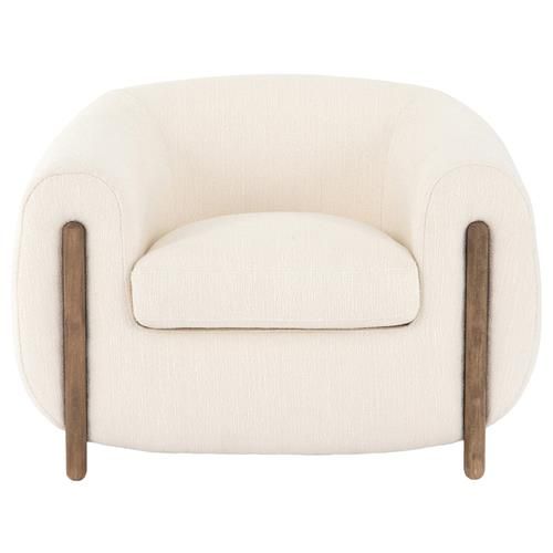 Riley Mid Century Cream Performance Brown Wood Barrel Chair | Kathy Kuo Home
