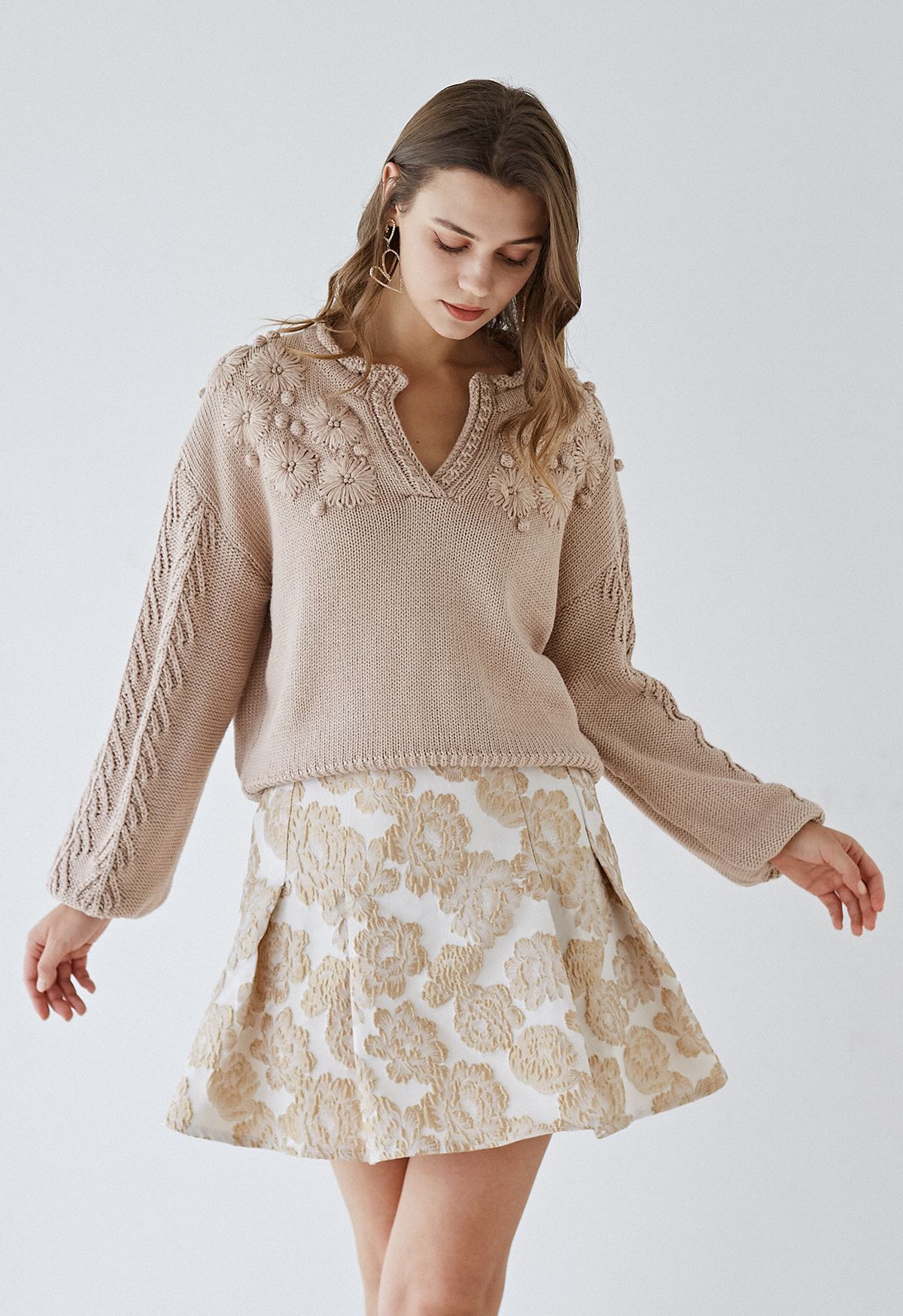 Blooming Passion Floral Stitch V-Neck Knit Sweater in Taupe | Chicwish