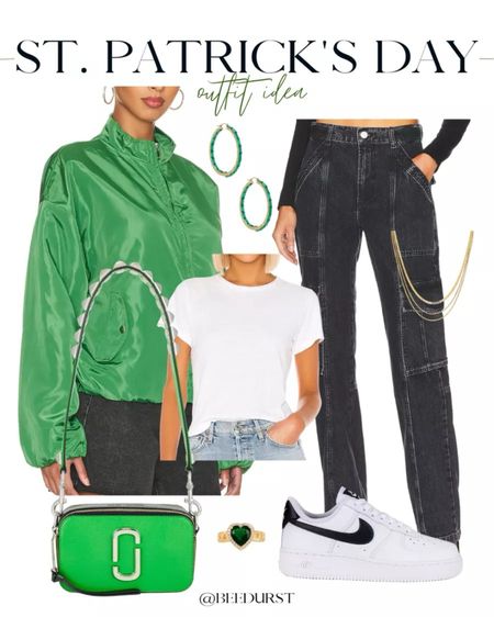 St Patrick’s day outfit idea, St paddy’s day outfit idea, green outfit idea, cargo pants, cargo jeans, bomber jacket, green jacket, green purse, Nike sneakers, layered necklaces, white tee

#LTKitbag #LTKSeasonal #LTKstyletip