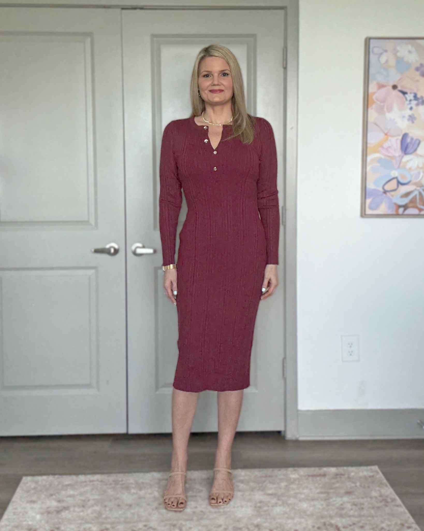 Midi sweater dress with gold buttons. Fits TTS, I’m in the small  

#LTKStyleTip #LTKOver40 #LTKWorkwear