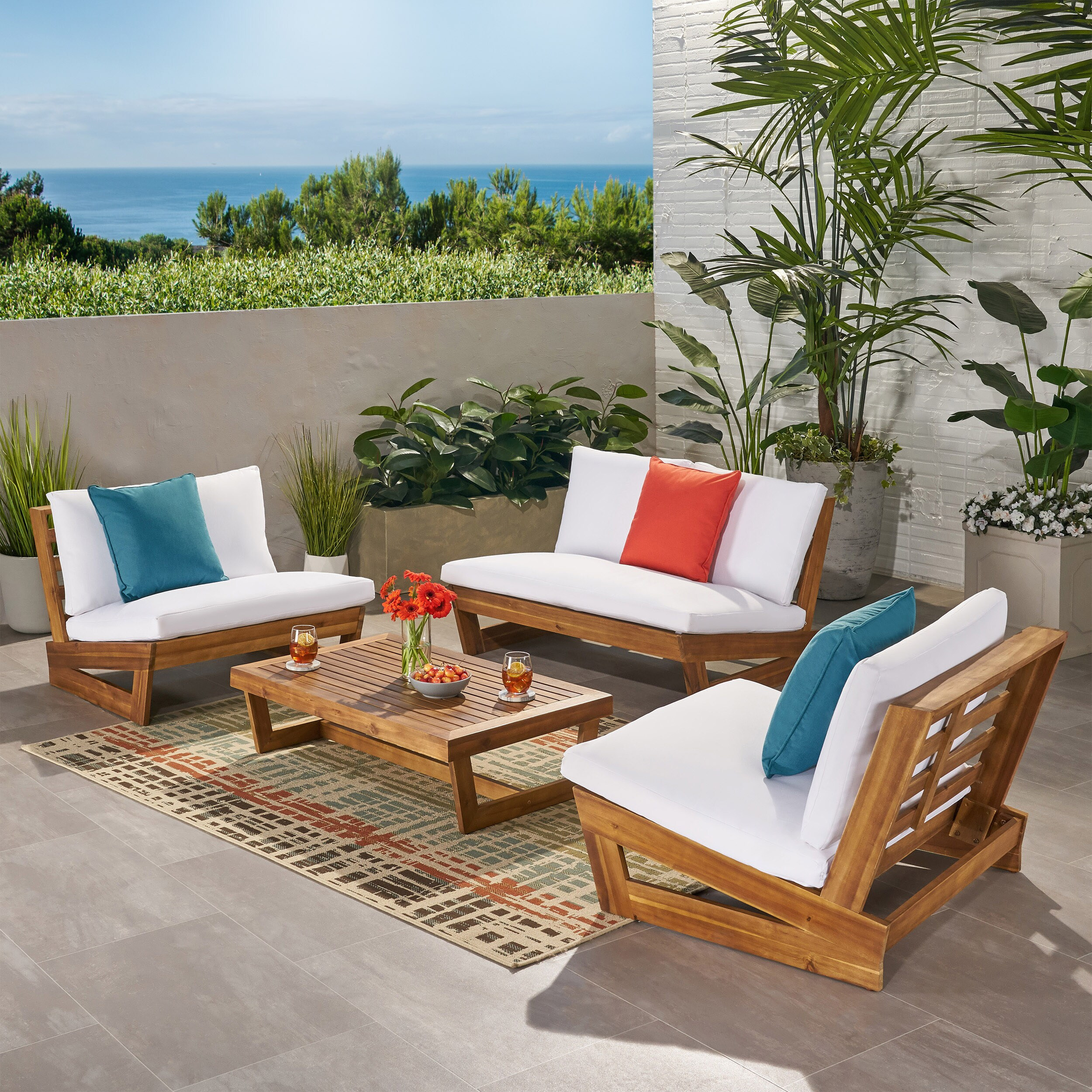 Christopher Knight Home Sherwood Outdoor 4 Seater Wood Chat Set-Teak Finish+ White one_size | 310098 | Lowe's