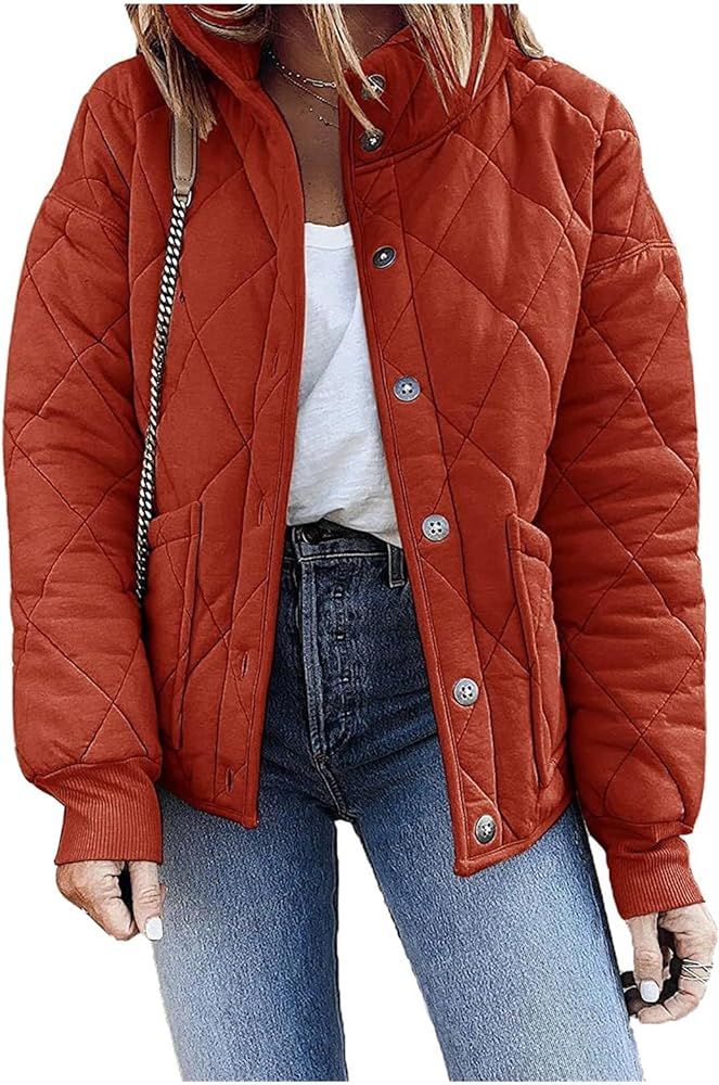QSXLTS Women's Fall Quilted Dolman Jackets Stand Collar Lightweight Warm Coats Button Down Outwear w | Amazon (US)