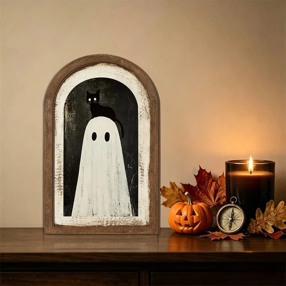 Qjidjing Vintage Halloween Dark Gothic Ghost Cat Arched Wall Art Decor, Wooden Decorative Sign fo... | Walmart (US)
