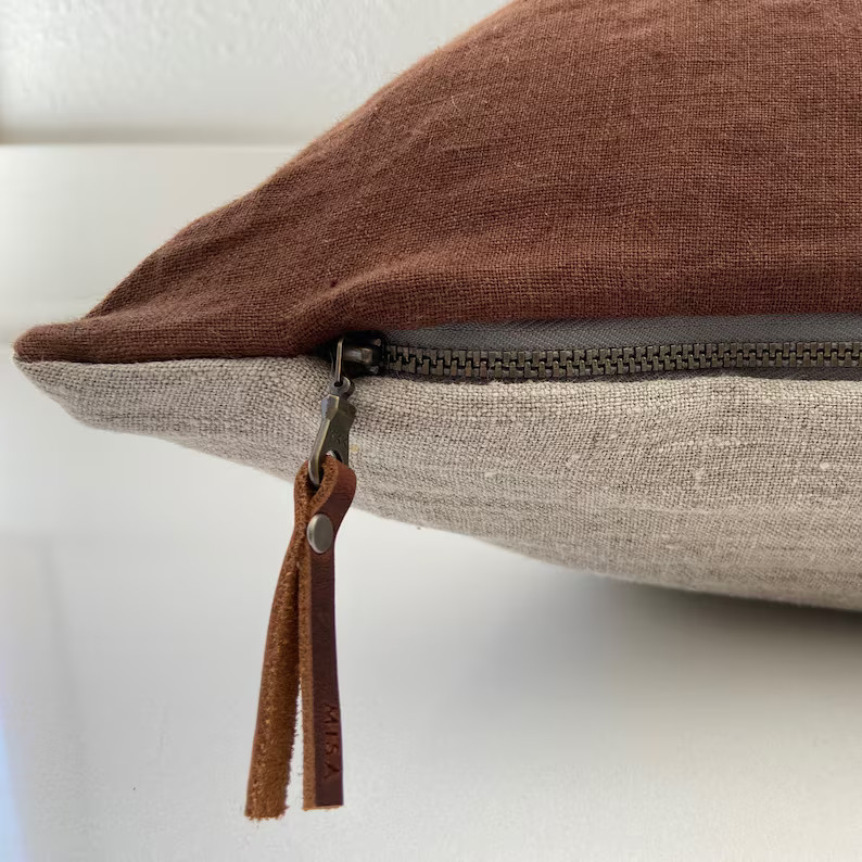 Linen pillow cover brown pillow with natural linen backing made with exposed zipper and leather p... | Etsy (US)