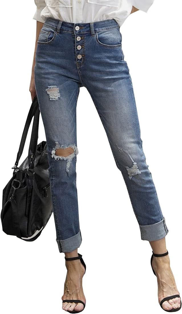 LONGYIDA Womens High Waisted Ripped Skinny Jeans Stretch Boyfriend Button Fly Jeans Distressed De... | Amazon (US)