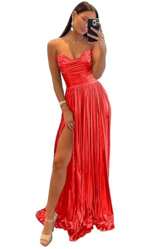 Women's Red Strapless Prom Dress with Pockets Split Sparkly Metallic Satin Formal Party Evening Gowns 2024 US0 | Amazon (US)