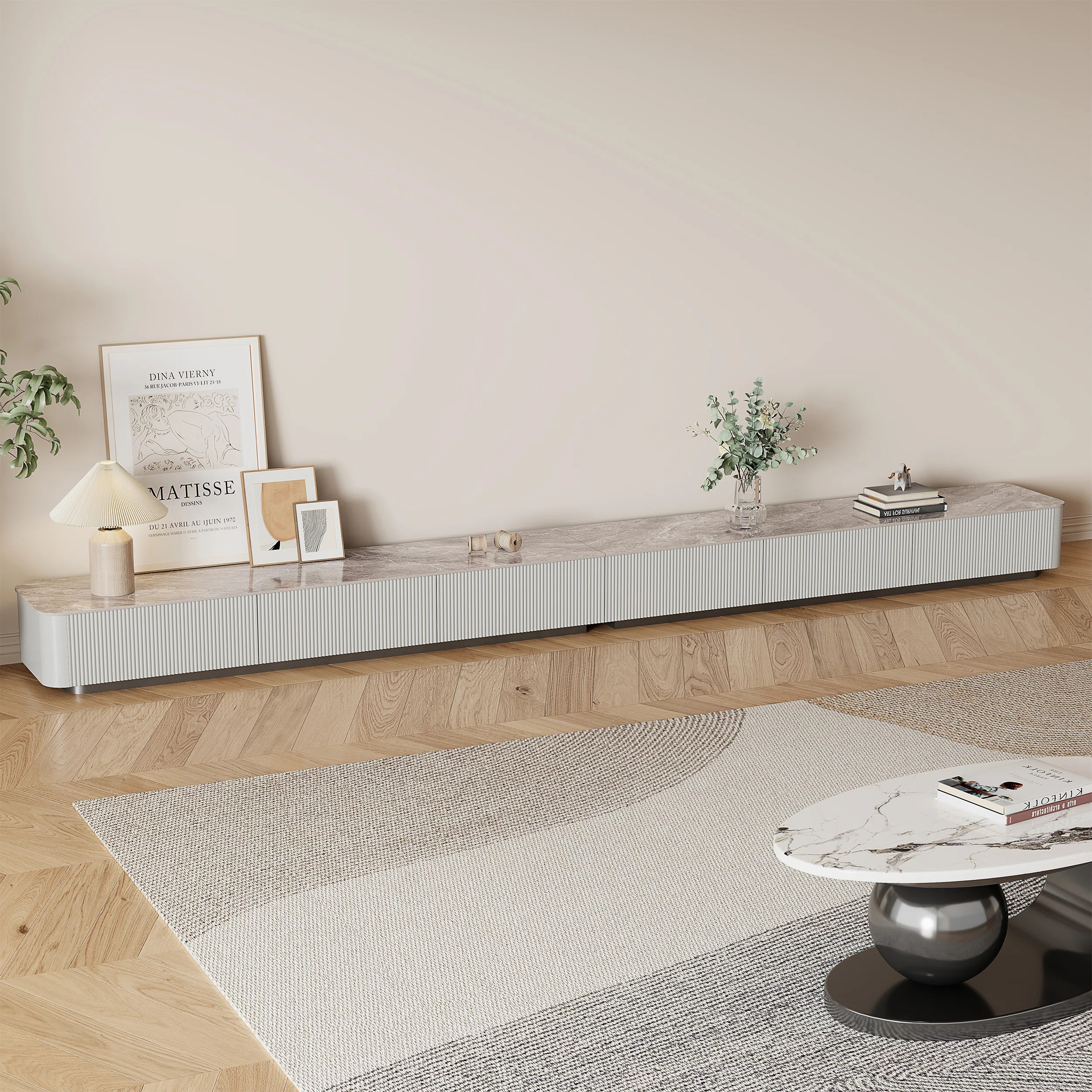 Delorme 141" Modern TV Stands,Glossy Sintered Stone Top,Gray,6 Drawers | Wayfair North America