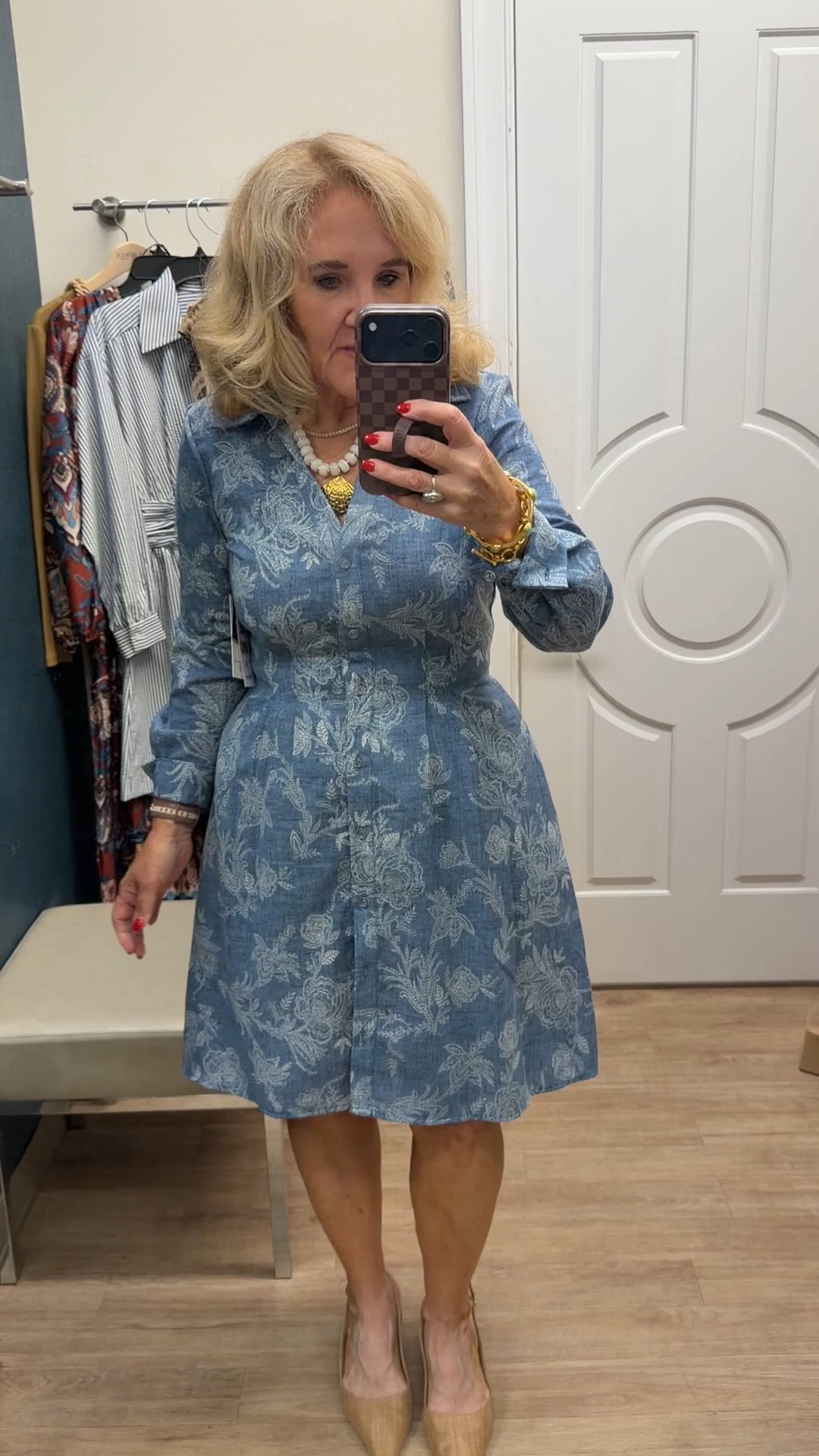 Really sweet dress. It’s not chambray it’s more like a woven texture almost linen but not. I’m wearing a size 6, but I need the eight. So I’m ordering that online.

Shimmery dress denim dress summer dress work dress

#LTKSaleAlert #LTKOver40 #LTKPetite