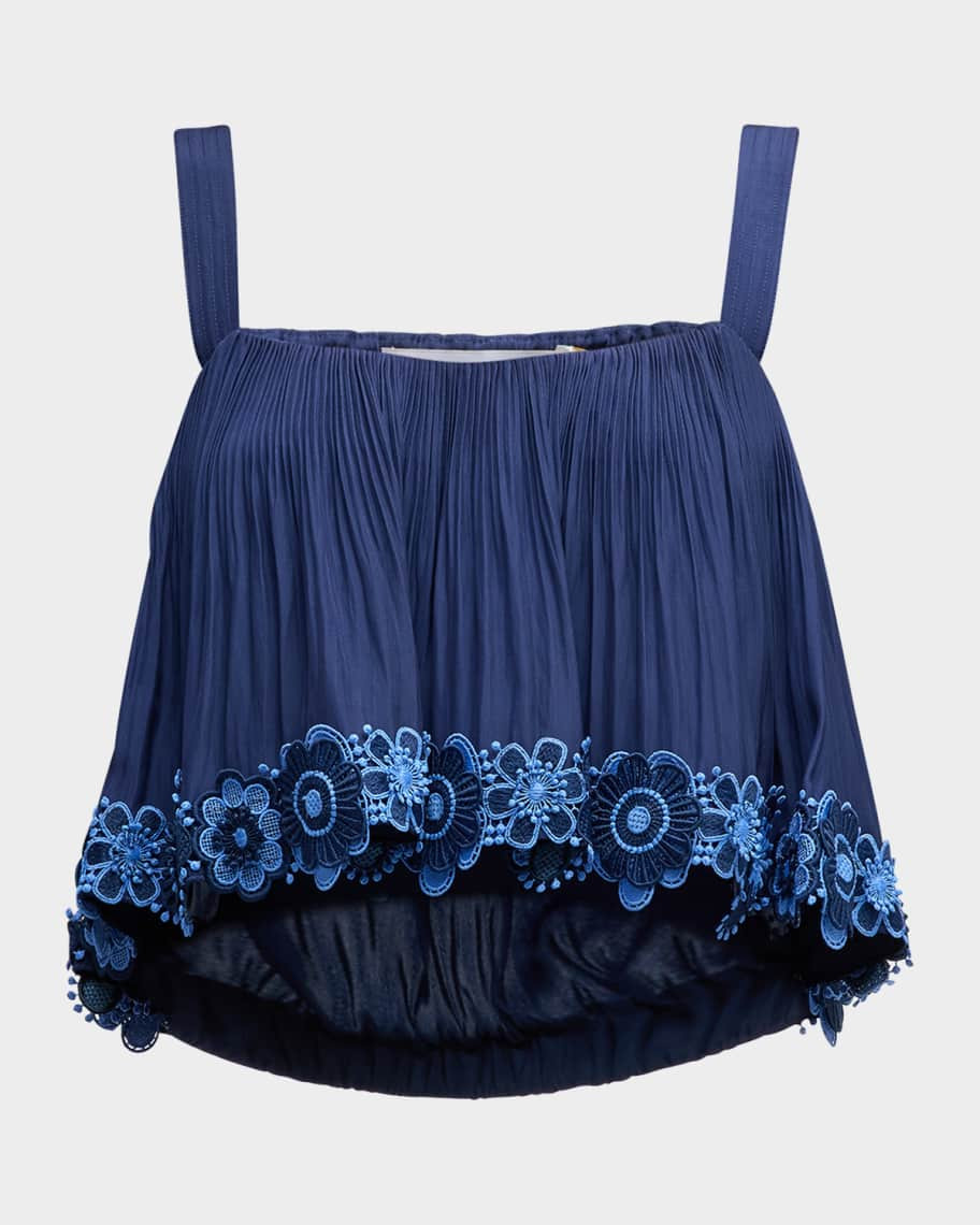 Elizabeth Pleated Floral Embroidered Crop Top | Neiman Marcus