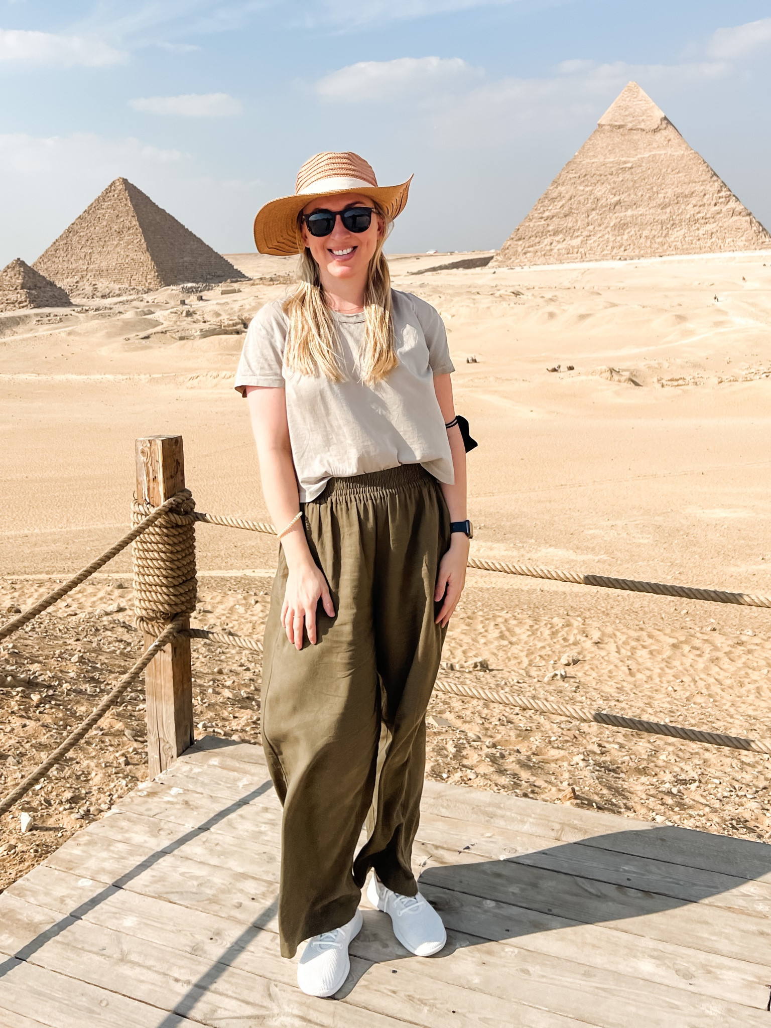 Egypt day one at the Great Pyramids of Giza. Egypt is a hot, but conservative country, so lightweight, modest clothing is a must. 

These linen pants are TTS and have pockets. Exact tee by Buck Mason can’t be linked, but similar options are. The exact hat is linked, but my color here is no longer available. I’m wearing the M/L and I have a big head  

#LTKtravel #LTKunder100 #LTKunder50