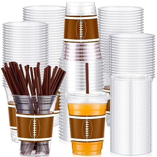 Uiifan Football Plastic Cups with Lids and Straws 16 oz Football Party Supplies Football Disposable Cups Bulk Clear Drinking Cups for Football Birthday Party Decoration (Classic,50 Set) | Amazon (US)