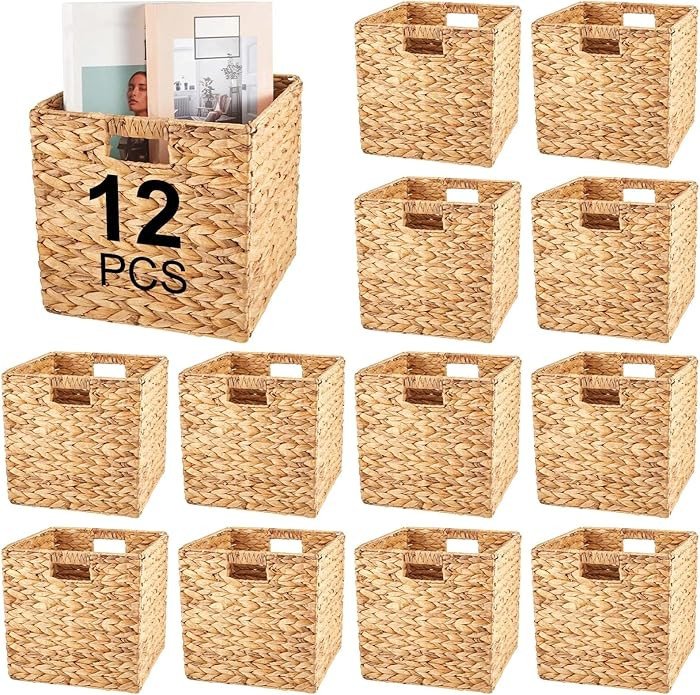Jinei 12 Pcs Wicker Storage Basket Bulk 12 x 12 x 12 Inch Handwoven Water Hyacinth Cube Bin with ... | Amazon (US)