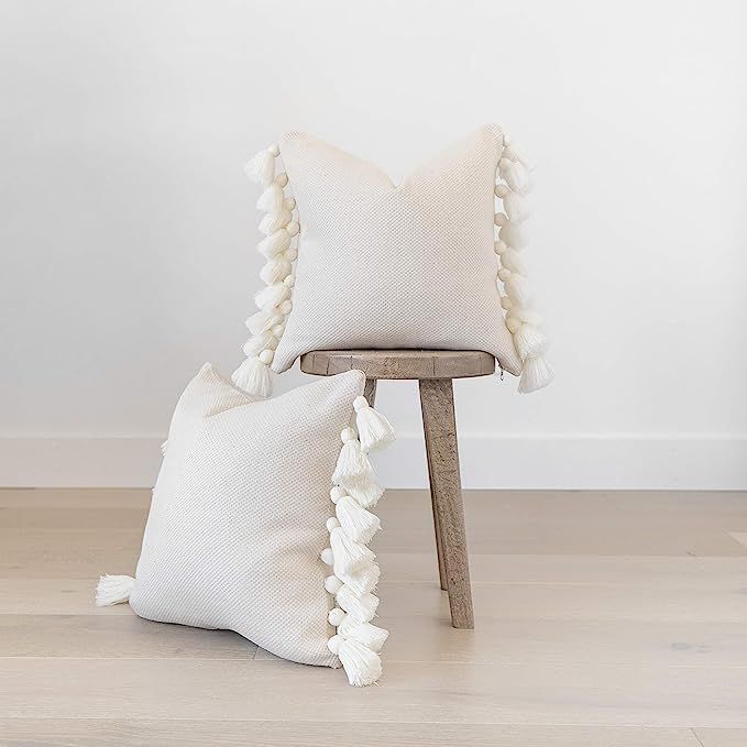 Woven Nook Decorative Tassel Pom-Pom White Throw Pillow Covers, Set of 2 (18" x 18") | Amazon (US)