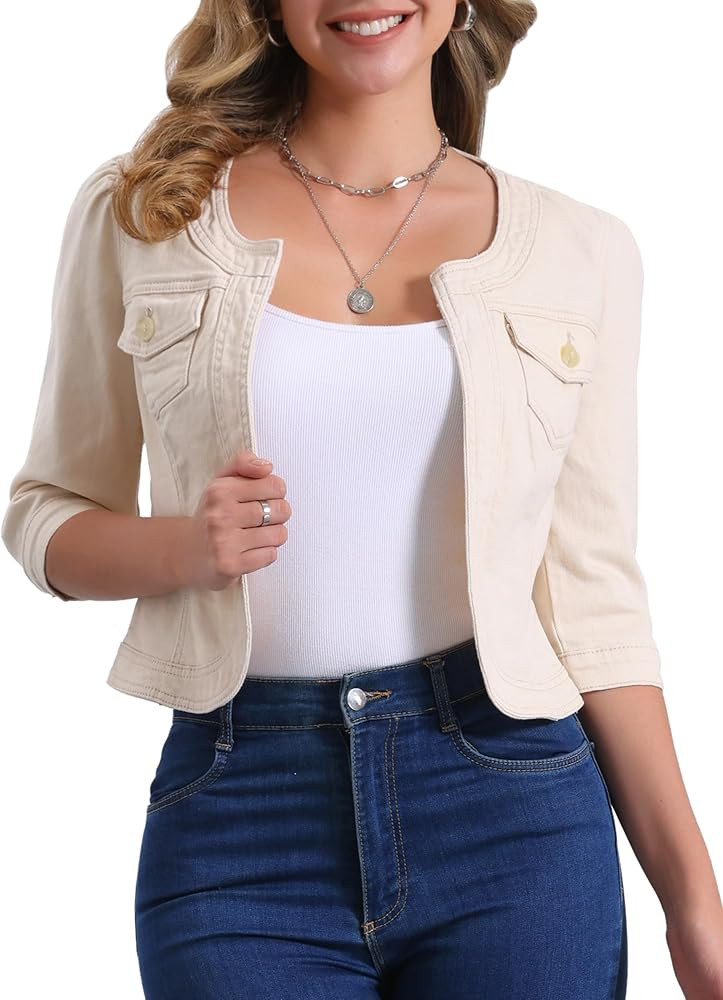 Allegra K Denim Jacket for Women's Collarless 2025 Cardigan 3/4 Sleeve Crop Jean Jackets | Amazon (US)