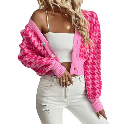 Fuimsul Women Houndstooth Print Button Down Crop Sweater Cardigan Lantern Sleeve V Neck Drop Shoulder Casual Crop Bolero Hot Pink | Amazon (US)