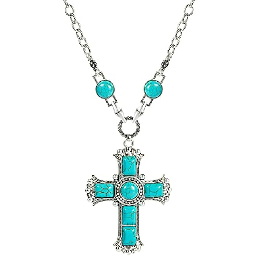 Turquoise Cross Necklace for Women Men Handmade Bohemian Healing Stone Necklace Good Luck Silver ... | Amazon (US)