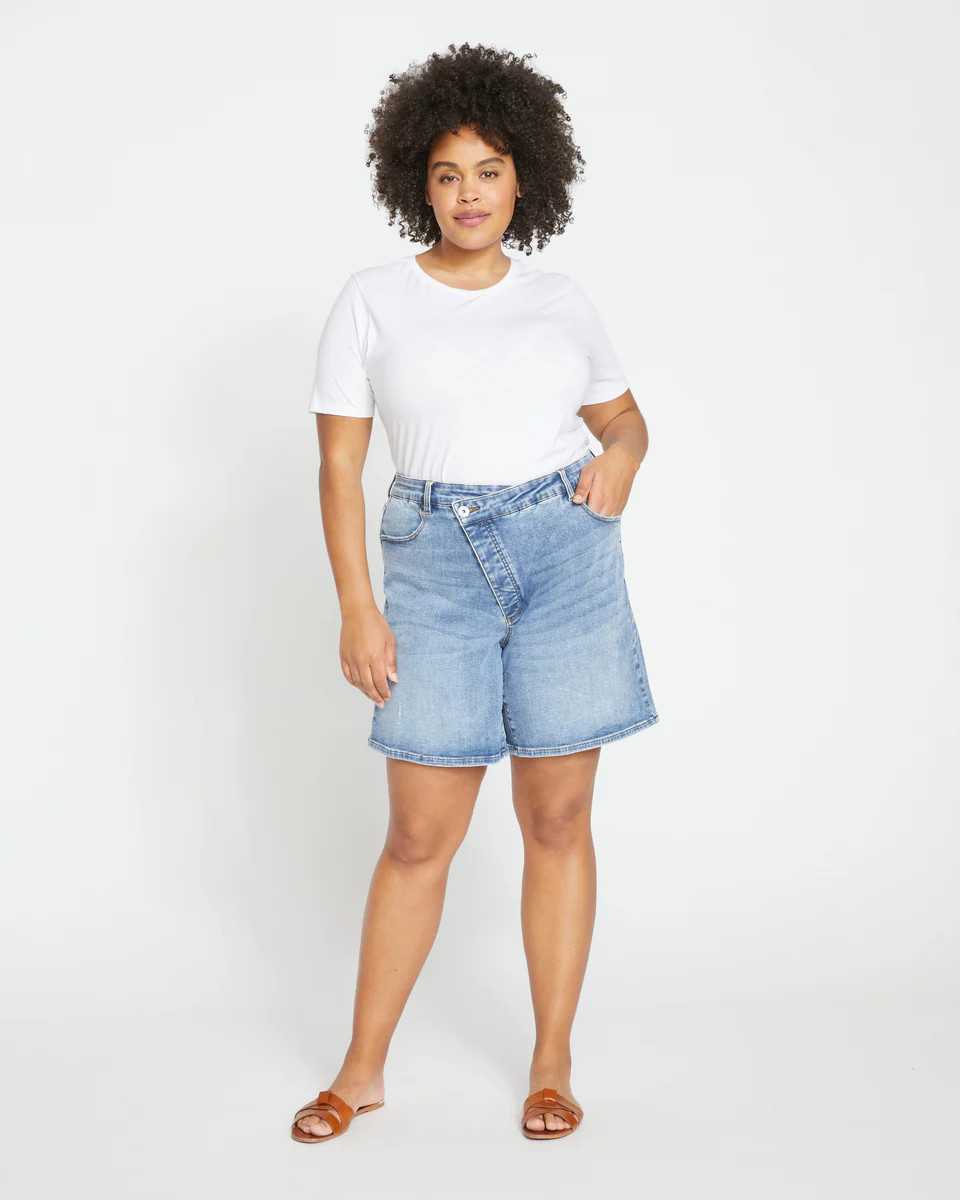 Katie High Rise Crossover Denim ShortsDistressed Vintage Indigo Wash | Universal Standard