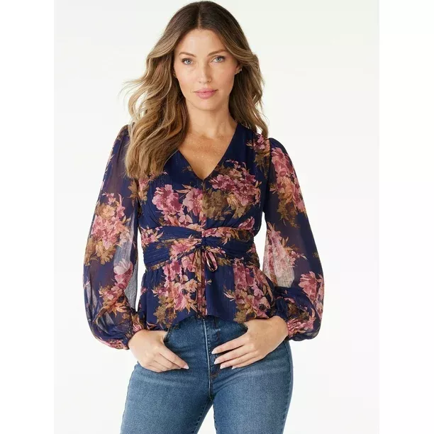 Sofia Jeans Women's Plus Size Peplum Top with Bell Sleeves