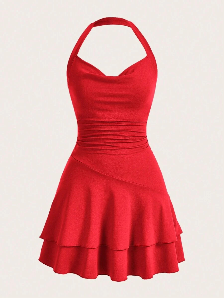 SHEIN MOD Swing Knitted Sleeveless Halter Neck Double Layer Slim Fit Women's Red Dress | SHEIN