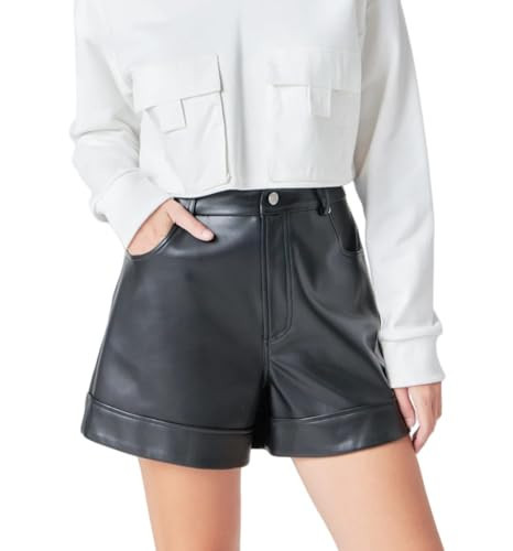 Zebaexf Women's Faux Black Leather Shorts High Waist Wide Leg Stretchy Shorts with Pockets PU Leather Short Pants Black Small | Amazon (US)