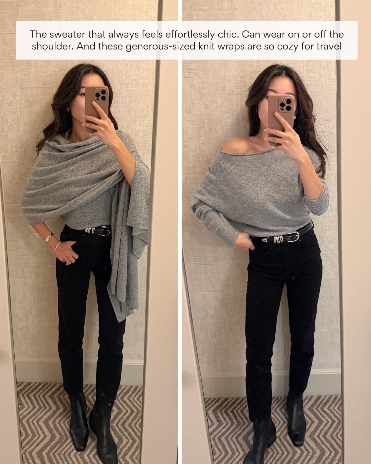 Effortless sweater and knit wrap outfit

• Quince Dolman cashmere boatneck xs, has a looser cut and easy to fit, I love the sophisticated look and how easy this is to throw on casually. Comes in lots of pretty colors.

• Quince Mongolian cashmere wrap

• old black jeans linked similar from old navy and quince (wider cut)

• Steve Madden boots 5.5 so comfy!

• Madewell belt xxs

Winter outfit, outfits with black jeans, petite friendly, easy mom outfit

#LTKPetite #LTKWorkwear #LTKootd