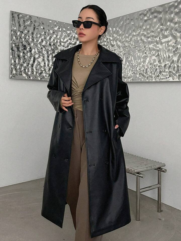 DAZY Lapel Neck Slant Pocket Patent Trench Coat | SHEIN