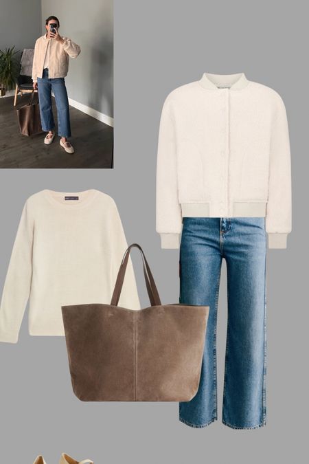 All the fluffy feels s as summer refuses to arrive. Cream boucle bomber, le crop jeans, boucle Mary Janes and the best bag Arket have ever made