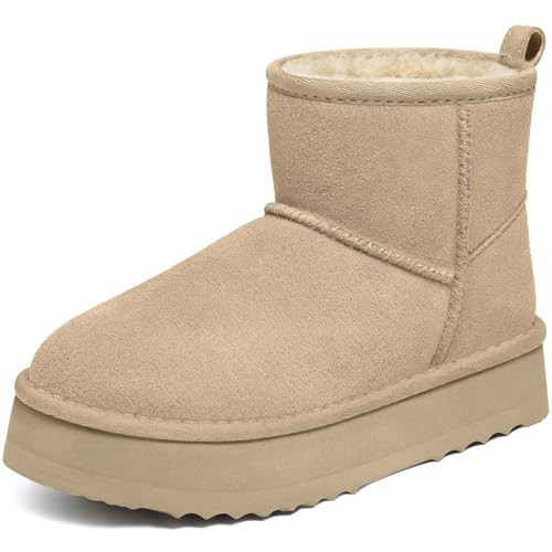 Litfun Suede Platform Mini Boots for Women Genuine Leather Fuzzy Ankle Winter Snow Boots with Fur Lined, Sand 41 | Amazon (US)