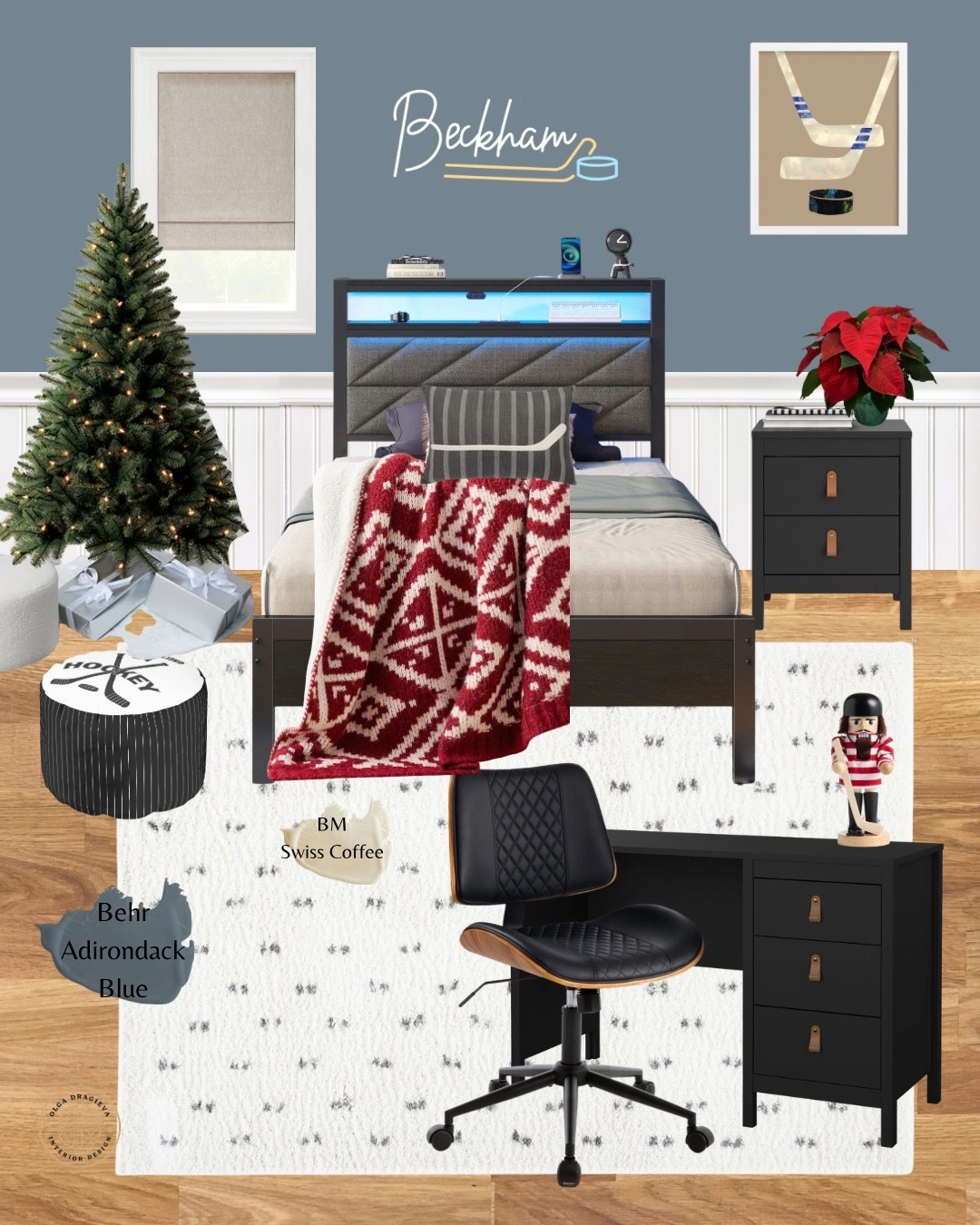 Boys bedroom mood board, fun hockey-inspired bedroom. Metal bed frame, black desk and nightstand, hockey wall art, black & white rug, baseball light from Pottery Barn. #homedecor #boysbedroom #teenroom

#LTKHome #LTKmomlife #LTKKids