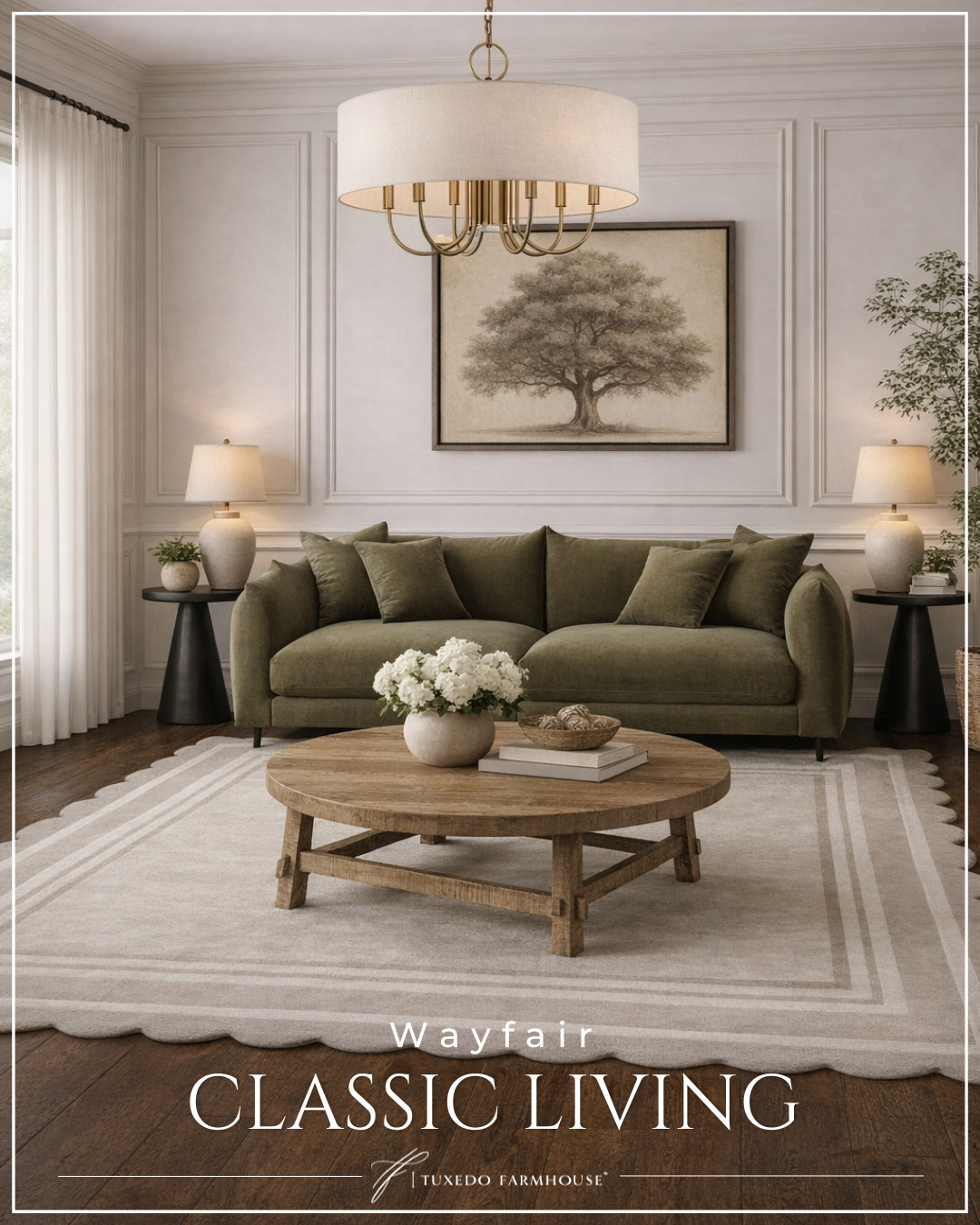 Classic living, redefined 🤍
Soft neutrals, tailored silhouettes, and warm wood tones create a space that feels both timeless and inviting. That olive sofa is the perfect grounding piece ✨ 

 #LTKSeasonal #LTKHome #LTKSaleAlert