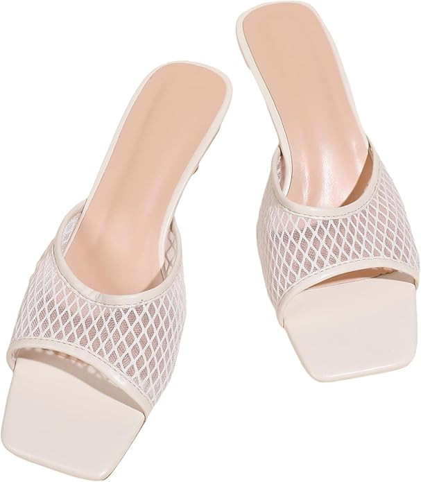 OYOANGLE Women's Mesh Square Open Toe Stiletto Heeled Sandals Elegant Hollow Slip on Dressy Mule ... | Amazon (US)