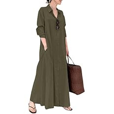 chouyatou Women's Basic Loose Fit Long Sleeve Button Up Maxi Shirt Dress with Pockets | Amazon (US)