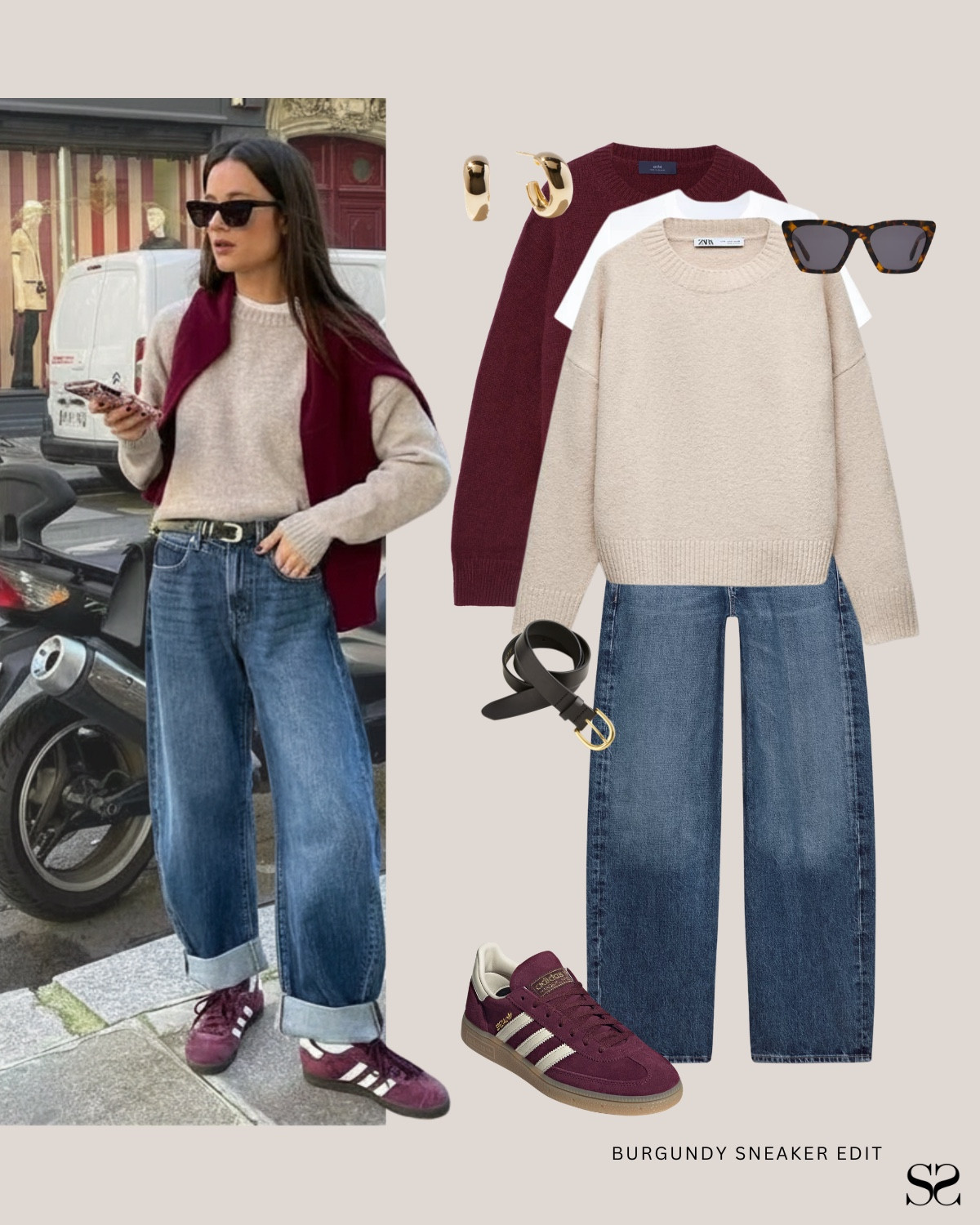 Ways to style burgundy sneakers: tie a sweater around your shoulders in the same color. 

Oatmeal sweater, wide leg jeans, burgundy sweater, Adidas sneakers.

#LTKootd #LTKgrwm