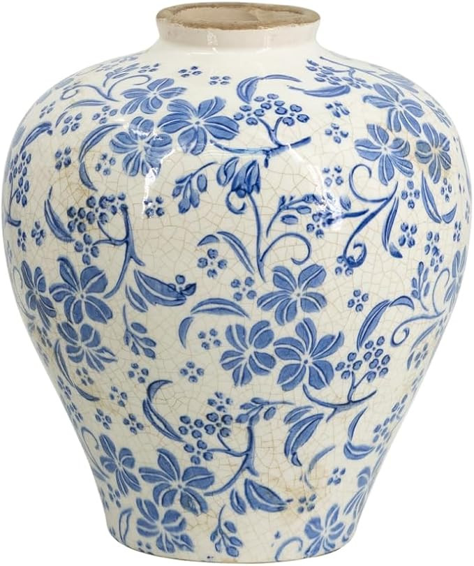 A&B Home Blue & White Ceramic Vase, Porcelain Flower Vase with Round Design, Decorative Accent Va... | Amazon (US)