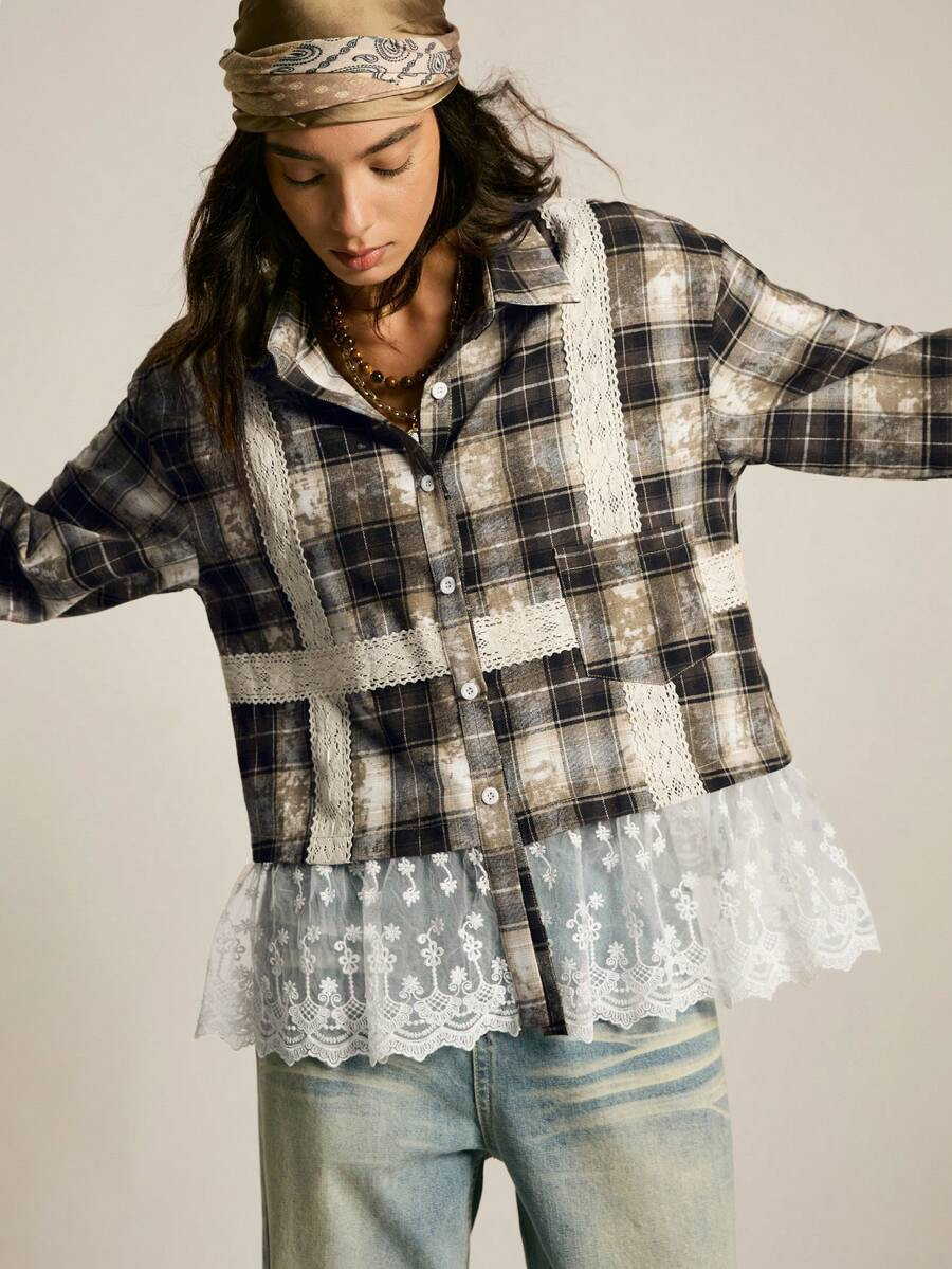 SoleilVie Elegant Lace - Paneled Plaid Autumn Shirt, Casual Distressed Detailing, Stylish Women's... | SHEIN