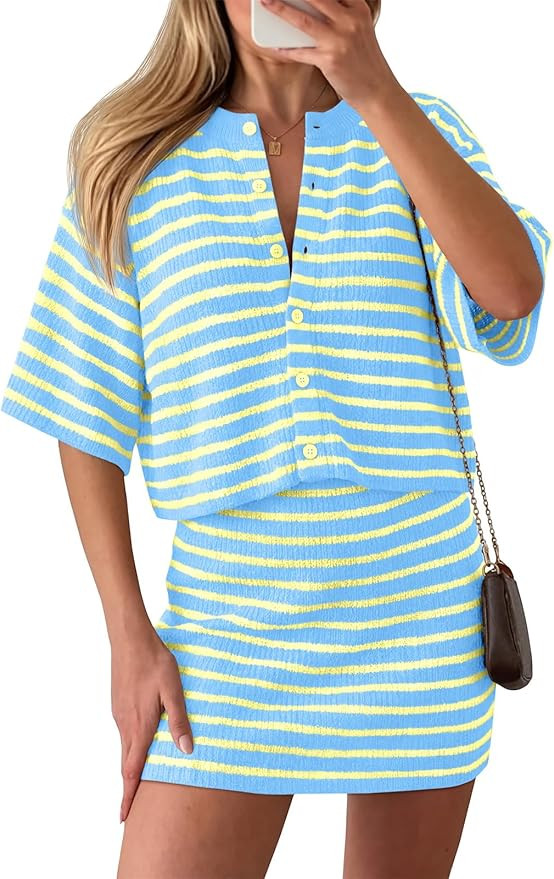 Saodimallsu Womens Two Piece Skirt Set Summer Striped Knit Short Sleeve Button Cardigans And Mini... | Amazon (US)