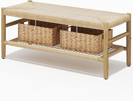 Recaceik Indoor Entryway Bench with Paper Cord Ottoman & Grid Storage Rack and 2 Baskets, Mid-Cen... | Amazon (US)