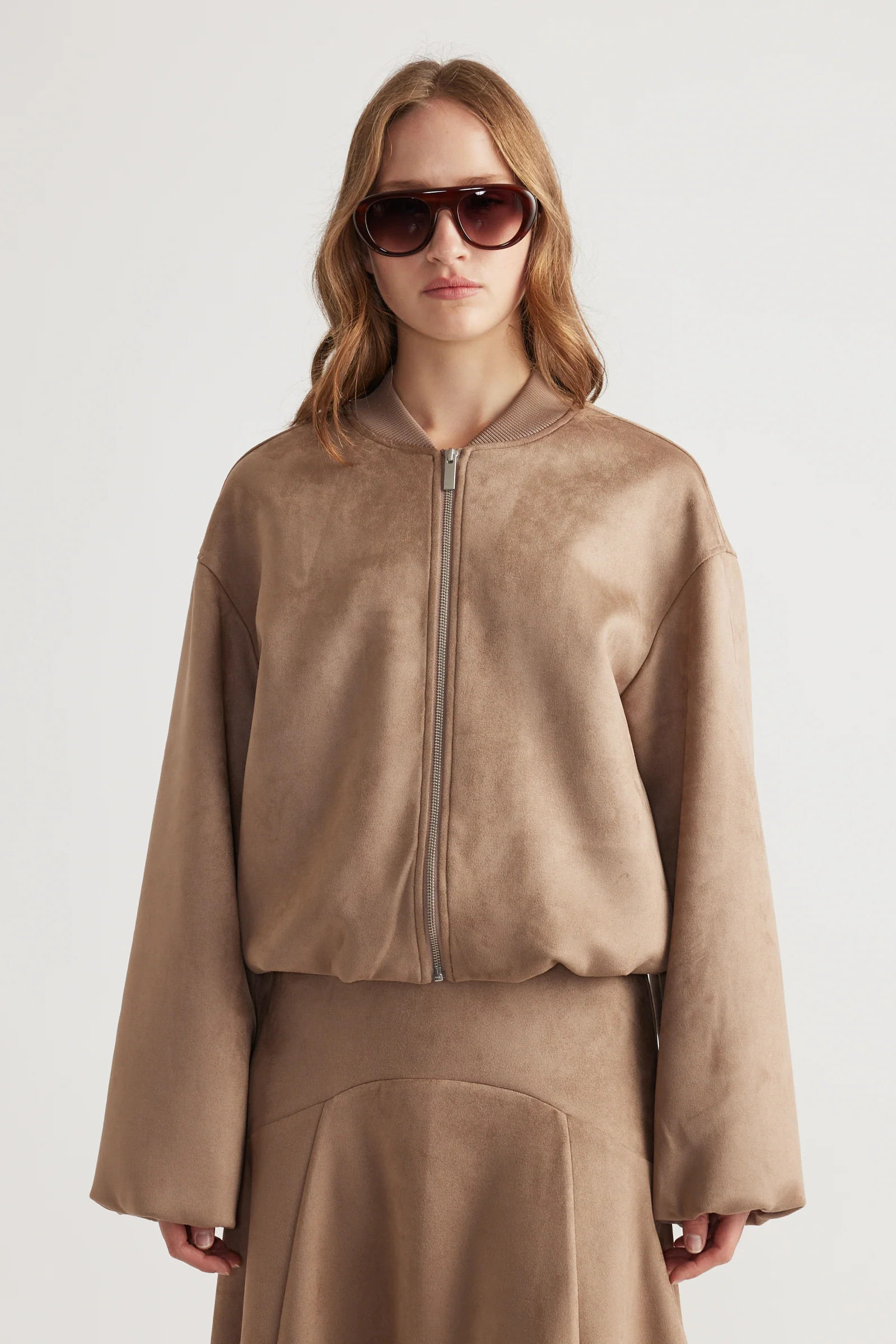 Eden Faux Suede Bomber Jacket - Dove Grey | DECJUBA