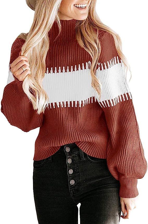 Womens Casual Long Sleeve Colorblock Striped Turtleneck Chunky Knit Pullover Sweater Jumper Tops | Amazon (US)