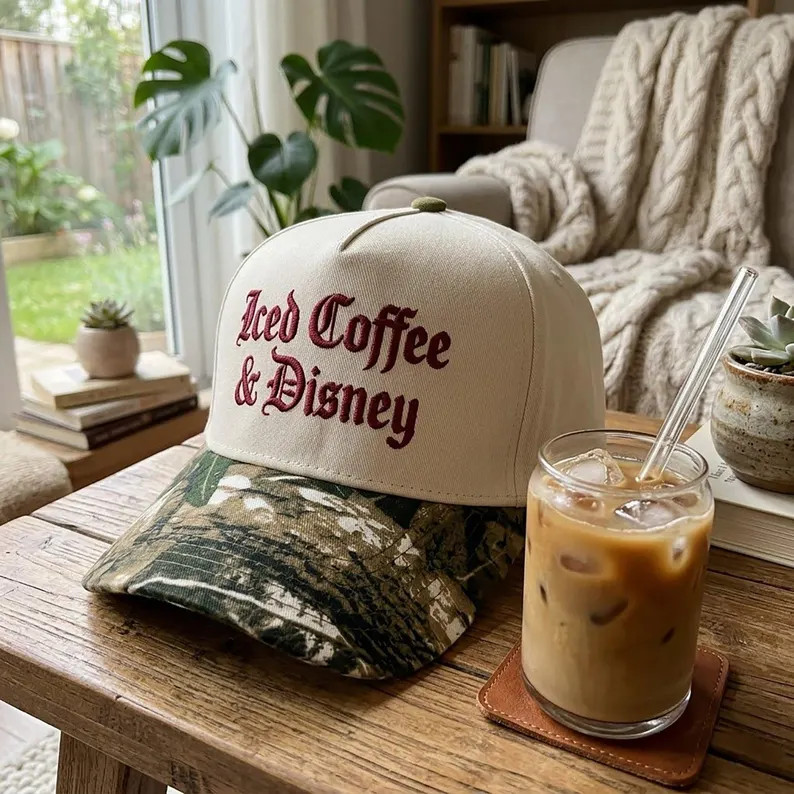 Embroidered Iced Coffee And Magical Land Camo Cap, Vintage Theme Park Trip Camouflage Brim Cap, C... | Etsy (Global)