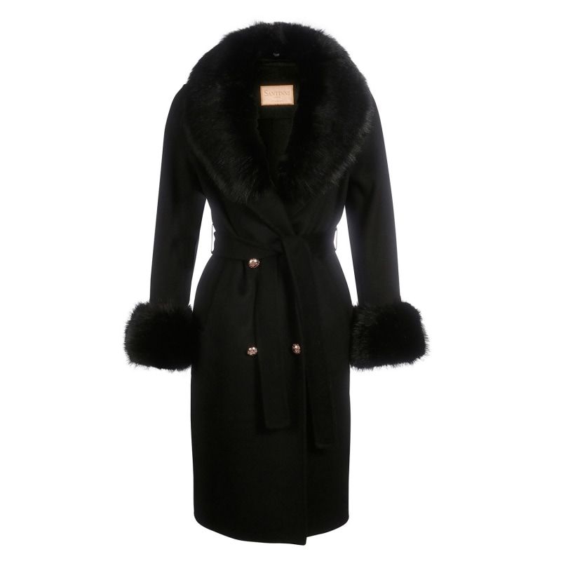 An American In Paris 100% Cashmere & Wool Coat With Faux Fur In Nero | Wolf and Badger (Global excl. US)