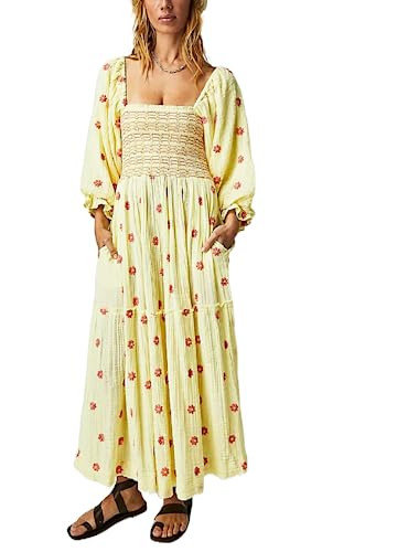 Argeousgor Women 2024 Bohemian Floral Dress Square Neck Ruffle Swing A Line Maxi Dress Long Sleev... | Amazon (US)