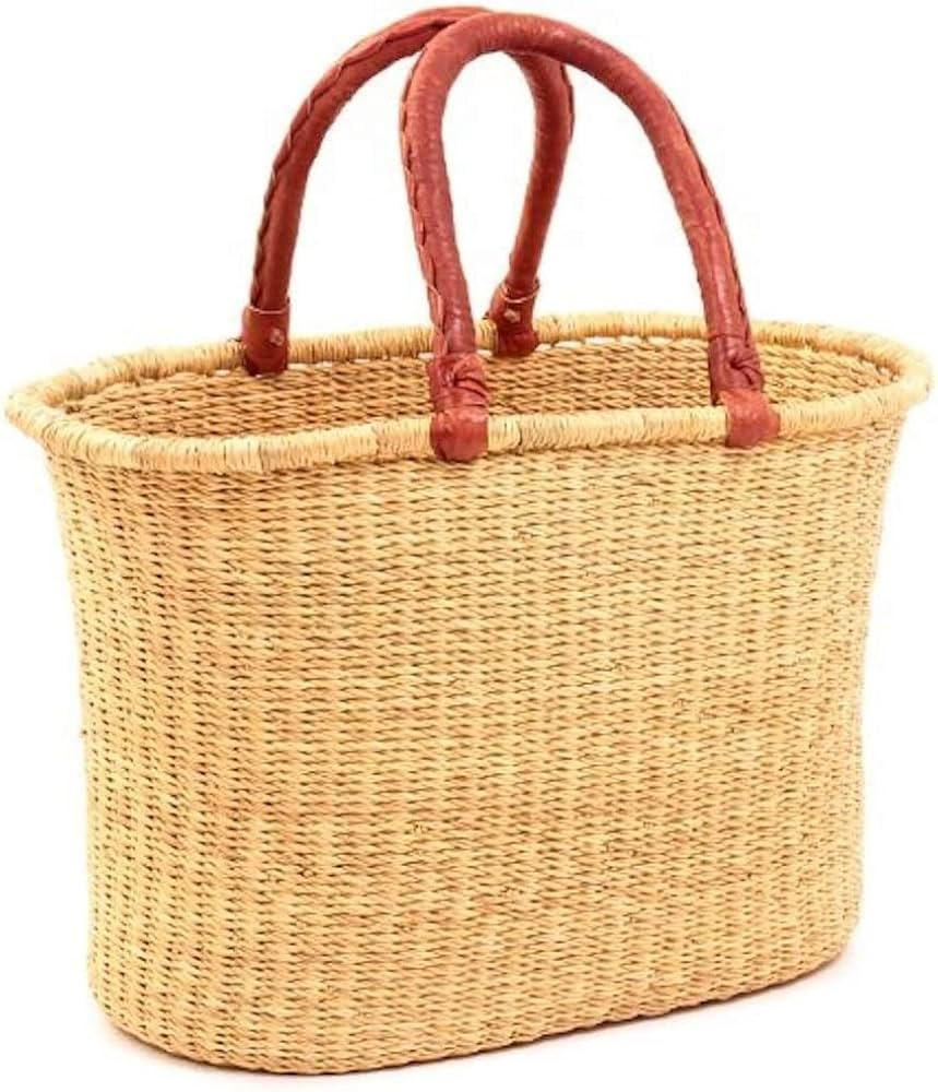 Ghana African Handmade Woven Oval Picnic Shopping Baskets (Natural with Brown Handles) | Amazon (US)