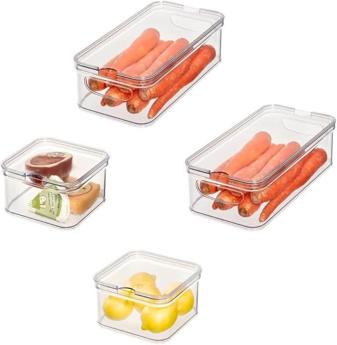 iDesign The Spruce 4-Piece Plastic Refrigerator Organizer Bin Set with Lids, Clear/White | Amazon (US)