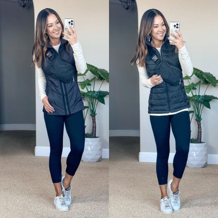 Athleta vs Amazon lightweight puffer vest • Athleta vest petite xs • Amazon vest xs • my favorite leggings 17” xs • long sleeve tee xs • sneakers TTS • Amazon belt bag is a Lululemon look a like. 
Athleisure • comfy outfit • casual outfit • mom style • fall style • fall outfit • leggings outfit • cropped leggings 

#LTKfit #LTKunder50 #LTKstyletip