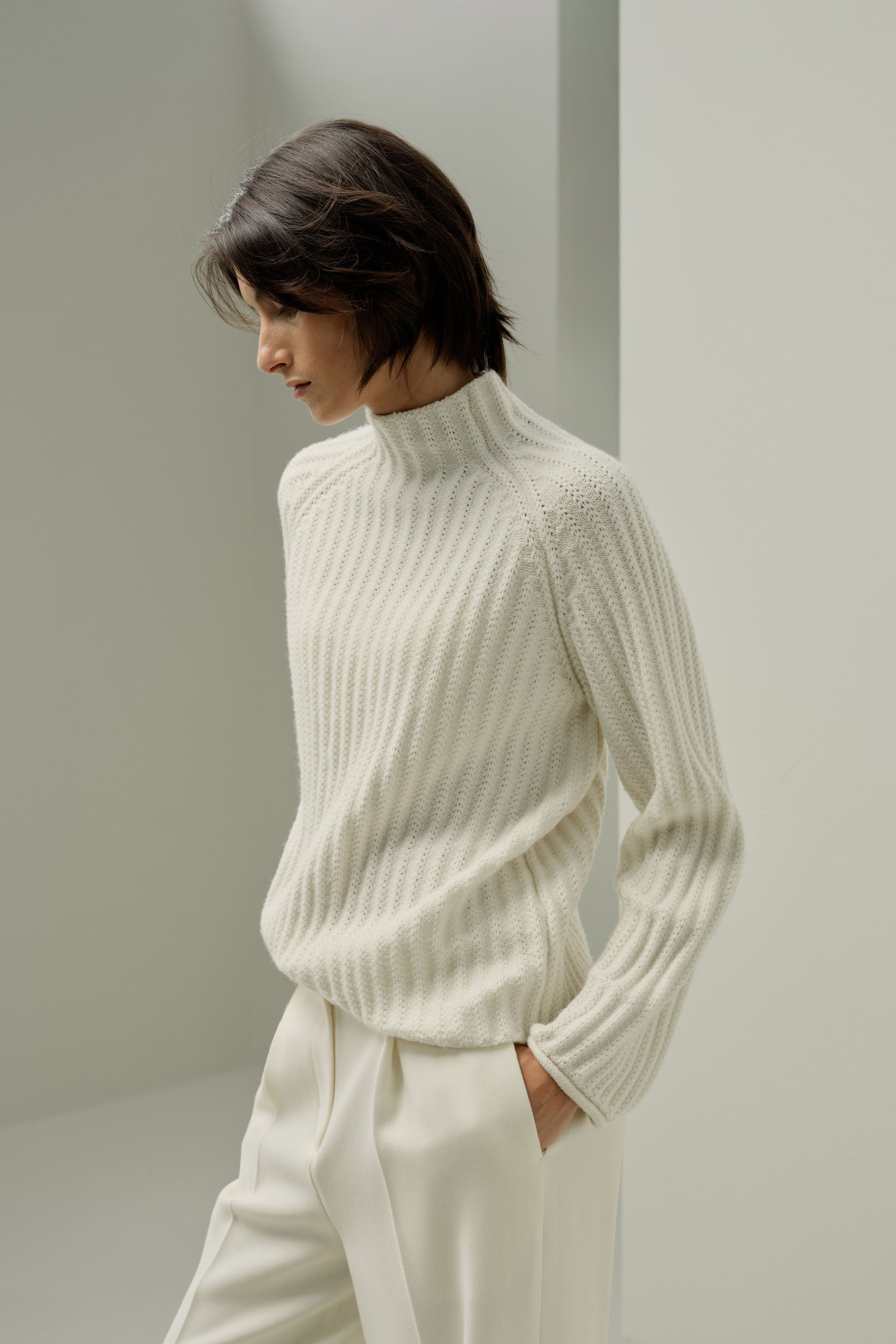 Pointelle-Pullover mit Stehbündchen-Kragen | LILYSILK